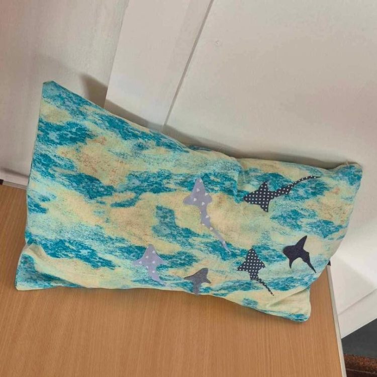 Textured cushion that looks like the sea with shark applique.
