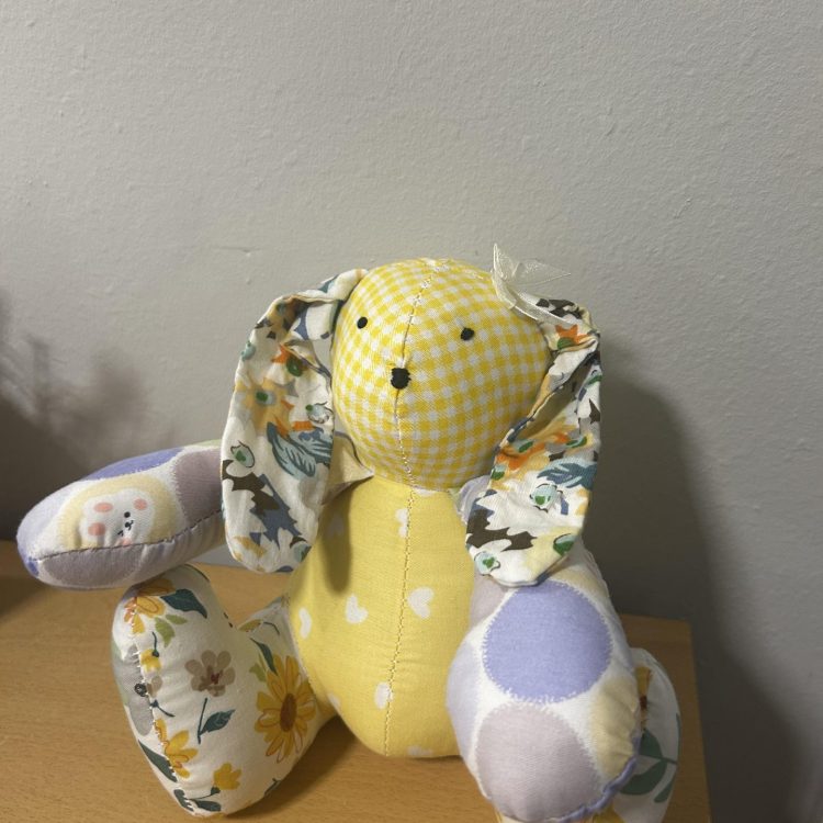 Patchwork bunny rabbit toy made by Sunderland Mind Fabric Creations Member.