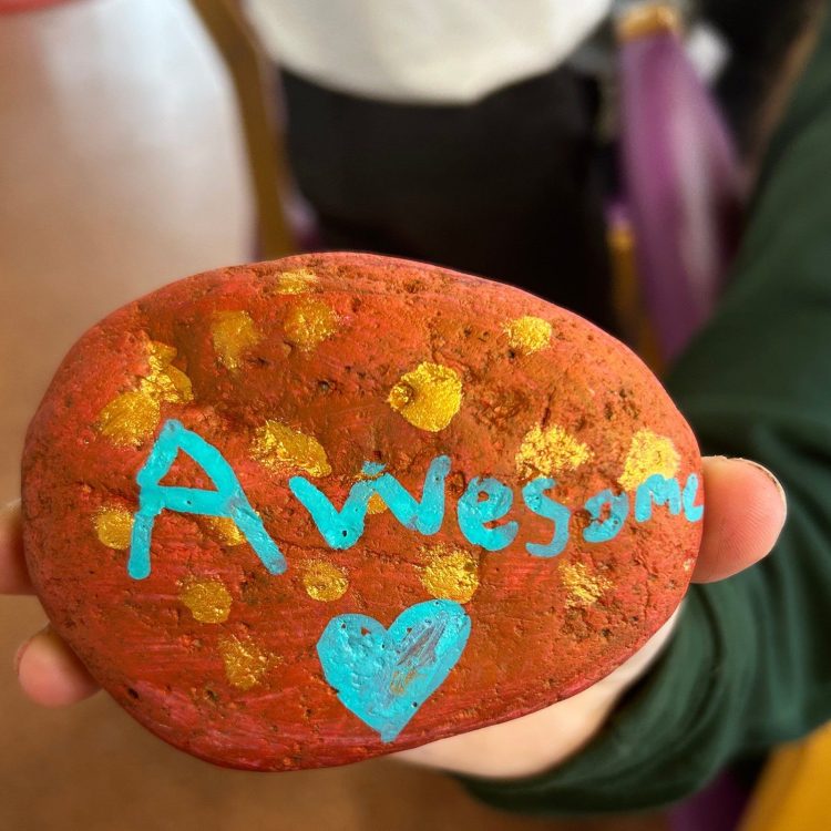 Mental Health Awareness stone painted by Youth Space with awesome written on.