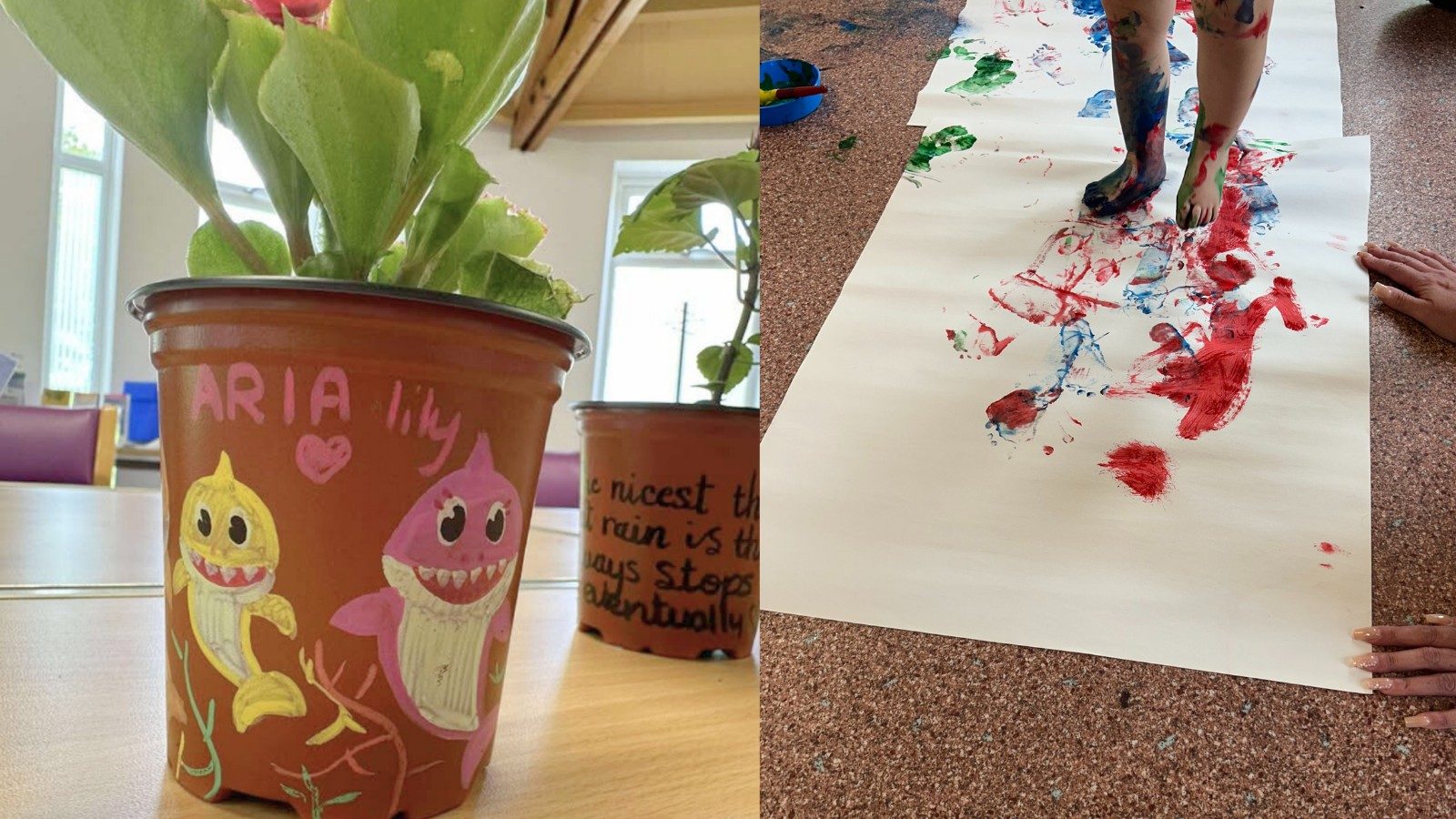 Decorated potted plant and toddler messy painting.