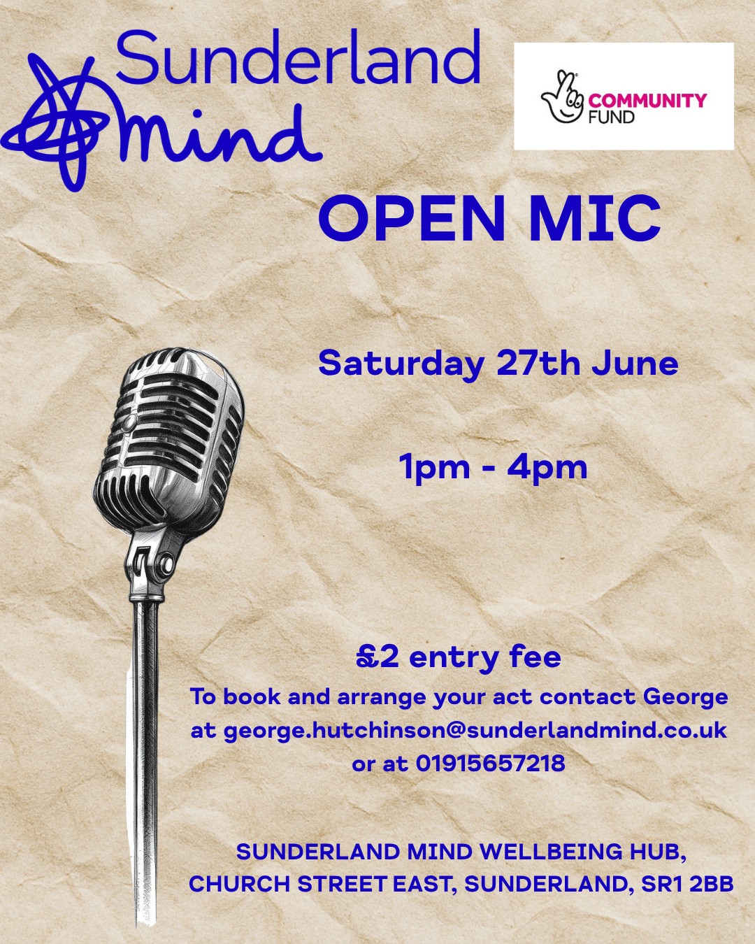 Open Mic Night Poster with details including a microphone. 